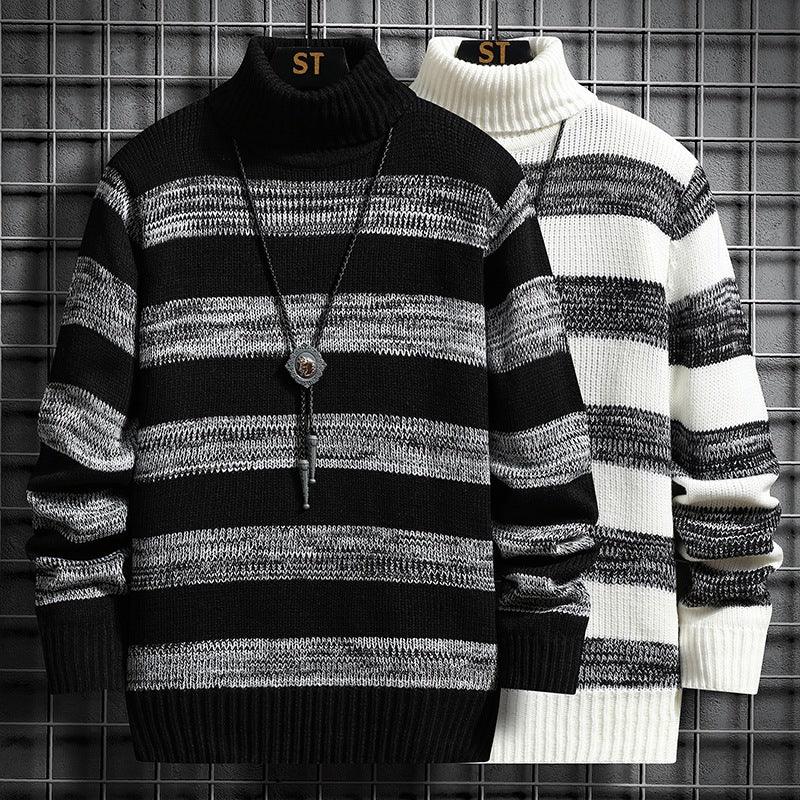 High-neck Men's Autumn And Winter Long-sleeved Trendy Slim Striped Sweater - Almoni Express