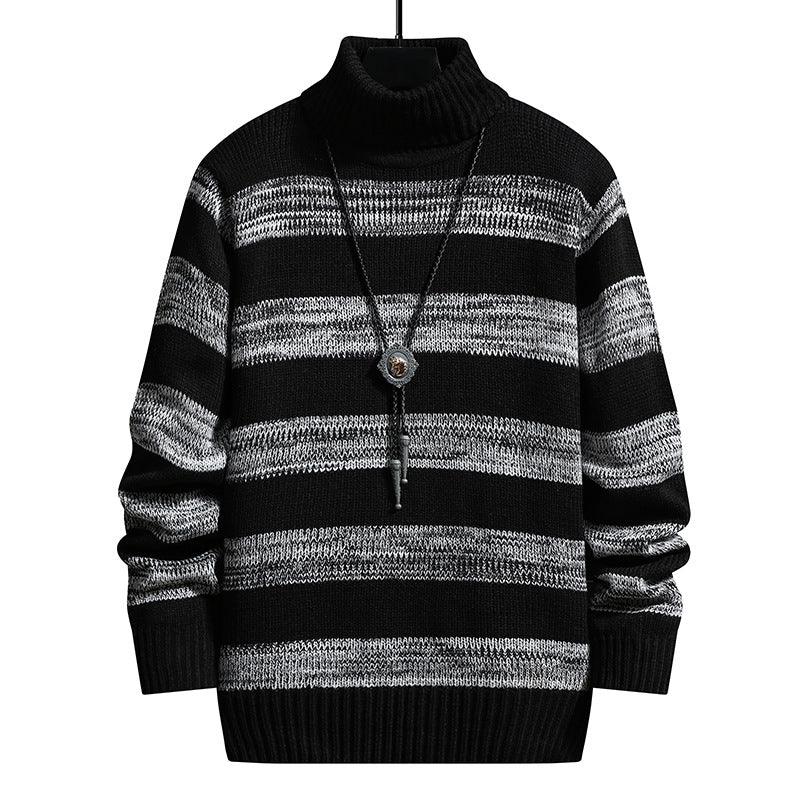 High-neck Men's Autumn And Winter Long-sleeved Trendy Slim Striped Sweater - Almoni Express