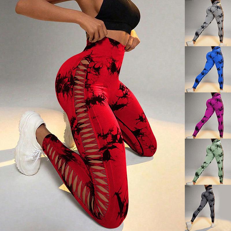 Hollow Tie Dye Printed Yoga Pants High Waist Butt Lift Seamless Sports Gym Fitness Leggings Slim Pants For Women Tight Trousers - AL MONI EXPRESS