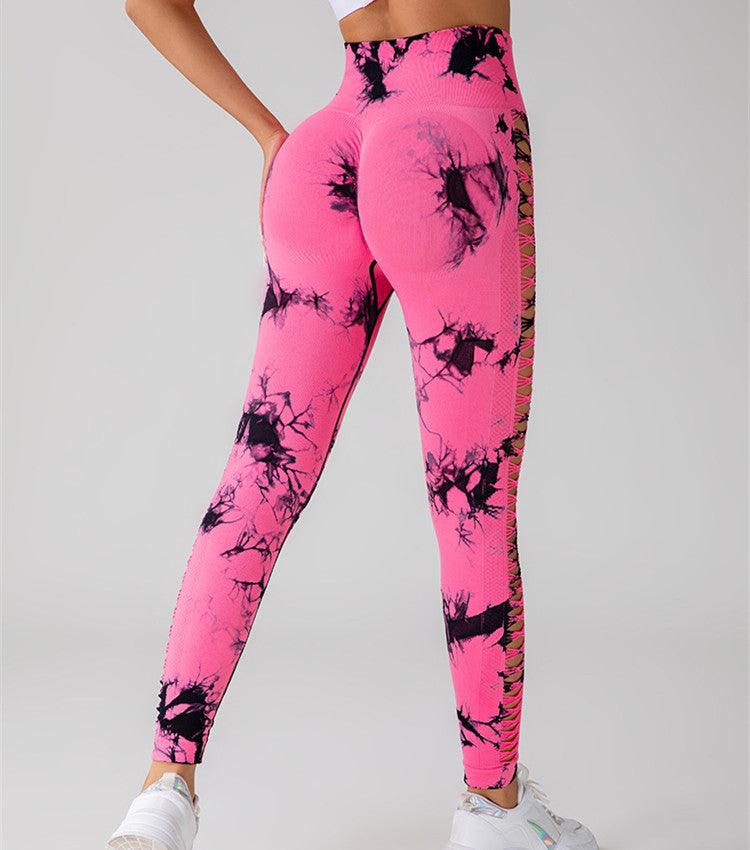 Hollow Tie Dye Printed Yoga Pants High Waist Butt Lift Seamless Sports Gym Fitness Leggings Slim Pants For Women Tight Trousers - AL MONI EXPRESS