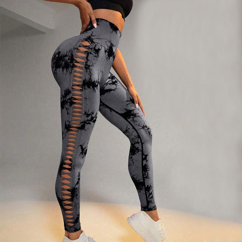 Hollow Tie Dye Printed Yoga Pants High Waist Butt Lift Seamless Sports Gym Fitness Leggings Slim Pants For Women Tight Trousers - AL MONI EXPRESS