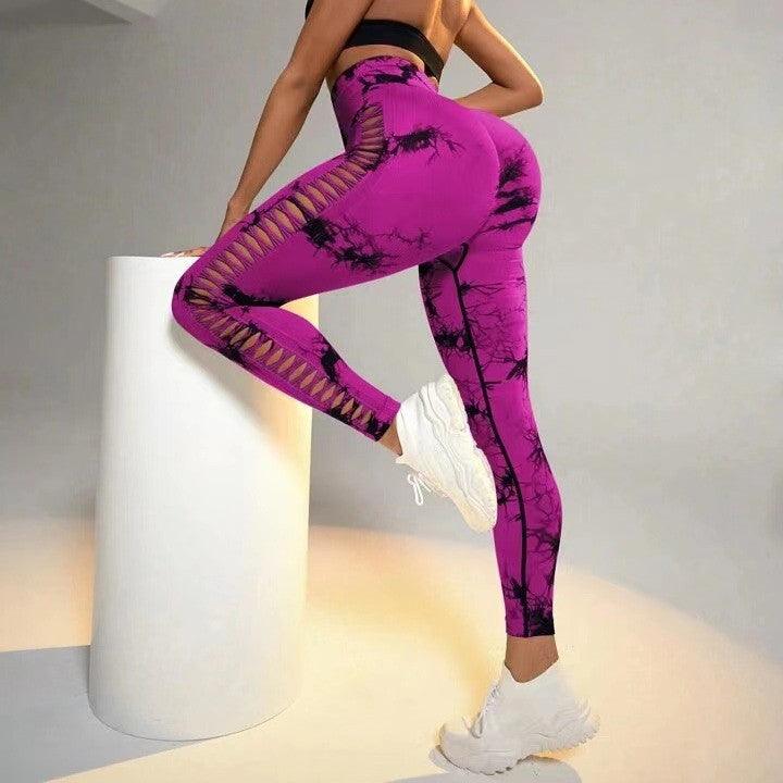 Hollow Tie Dye Printed Yoga Pants High Waist Butt Lift Seamless Sports Gym Fitness Leggings Slim Pants For Women Tight Trousers - AL MONI EXPRESS