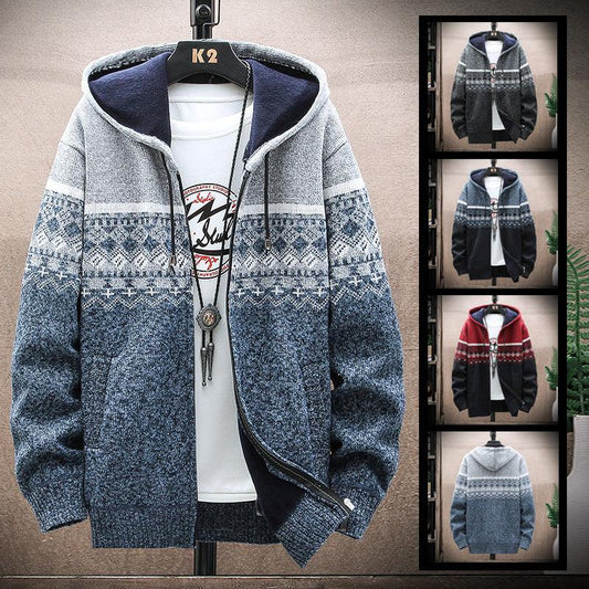 Hooded Cardigan Knitted Thick Plus Fleece Sweater Men - Almoni Express