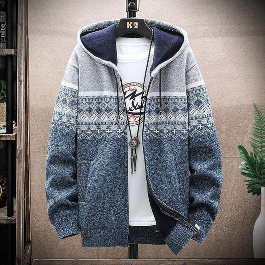 Hooded Cardigan Knitted Thick Plus Fleece Sweater Men - Almoni Express