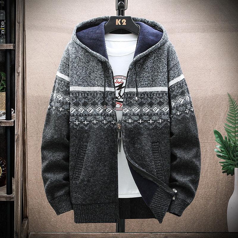 Hooded Cardigan Knitted Thick Plus Fleece Sweater Men - Almoni Express