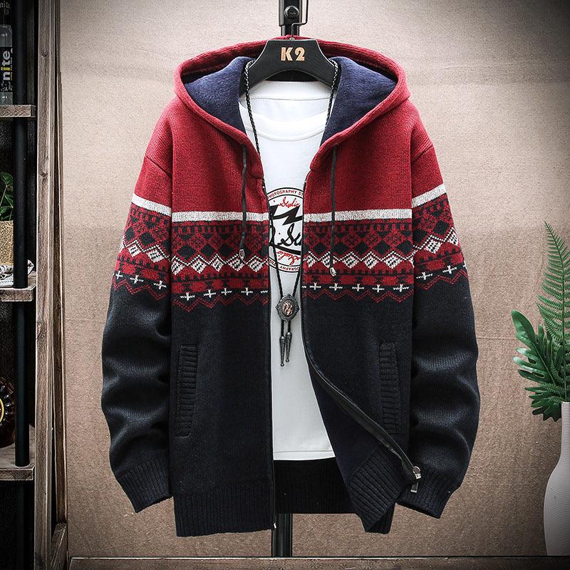 Hooded Cardigan Knitted Thick Plus Fleece Sweater Men - Almoni Express