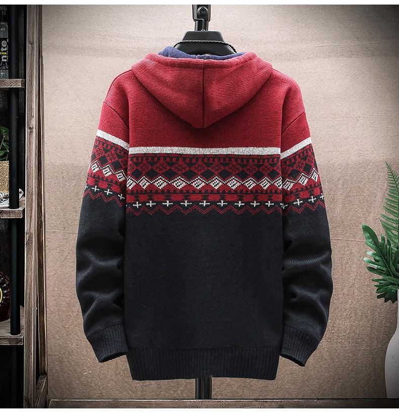 Hooded Cardigan Knitted Thick Plus Fleece Sweater Men - Almoni Express