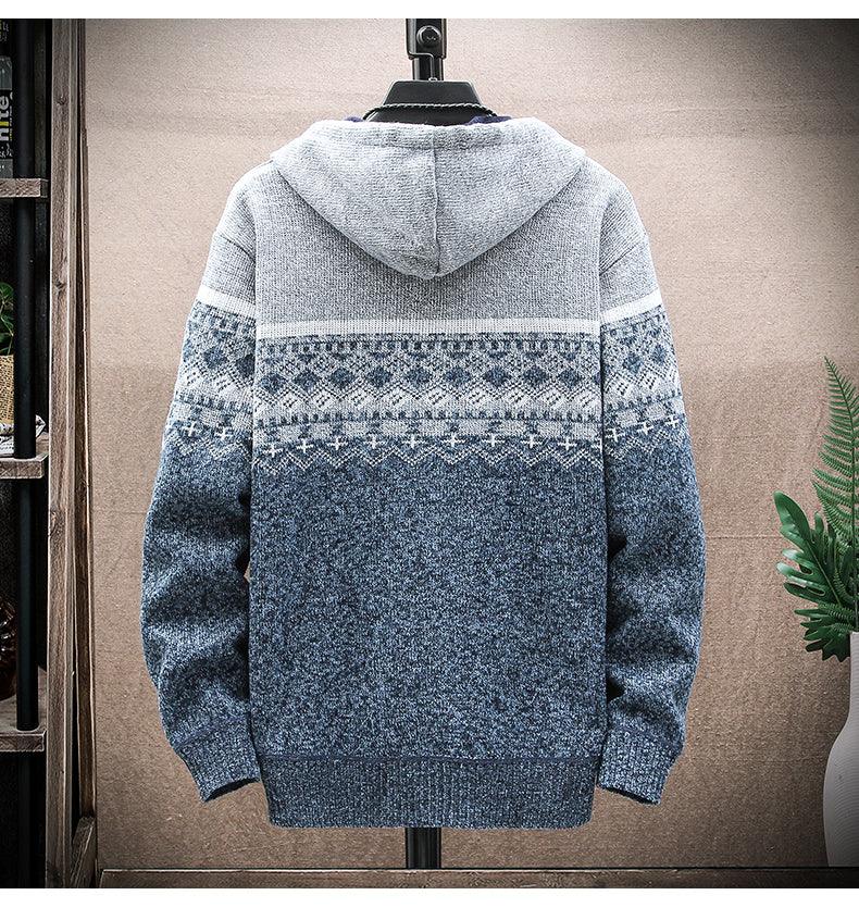 Hooded Cardigan Knitted Thick Plus Fleece Sweater Men - Almoni Express