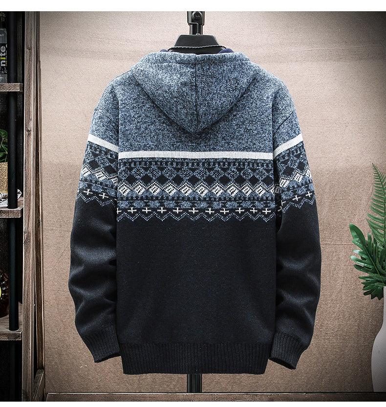 Hooded Cardigan Knitted Thick Plus Fleece Sweater Men - Almoni Express