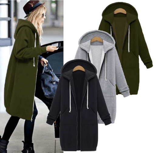 Hooded long-sleeved winter sweater women's jacket in a long thick shirt - Almoni Express