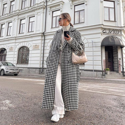 Houndstooth Long Trench Coat High-end And Fashionable Coat For Women - Almoni Express