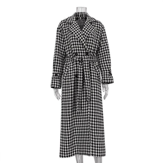 Houndstooth Long Trench Coat High-end And Fashionable Coat For Women - Almoni Express