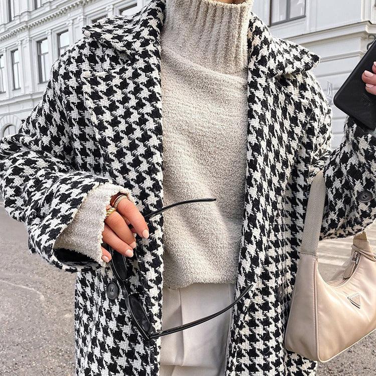 Houndstooth Long Trench Coat High-end And Fashionable Coat For Women - Almoni Express