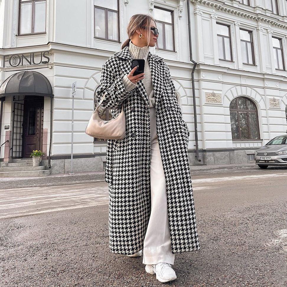 Houndstooth Long Trench Coat High-end And Fashionable Coat For Women - Almoni Express