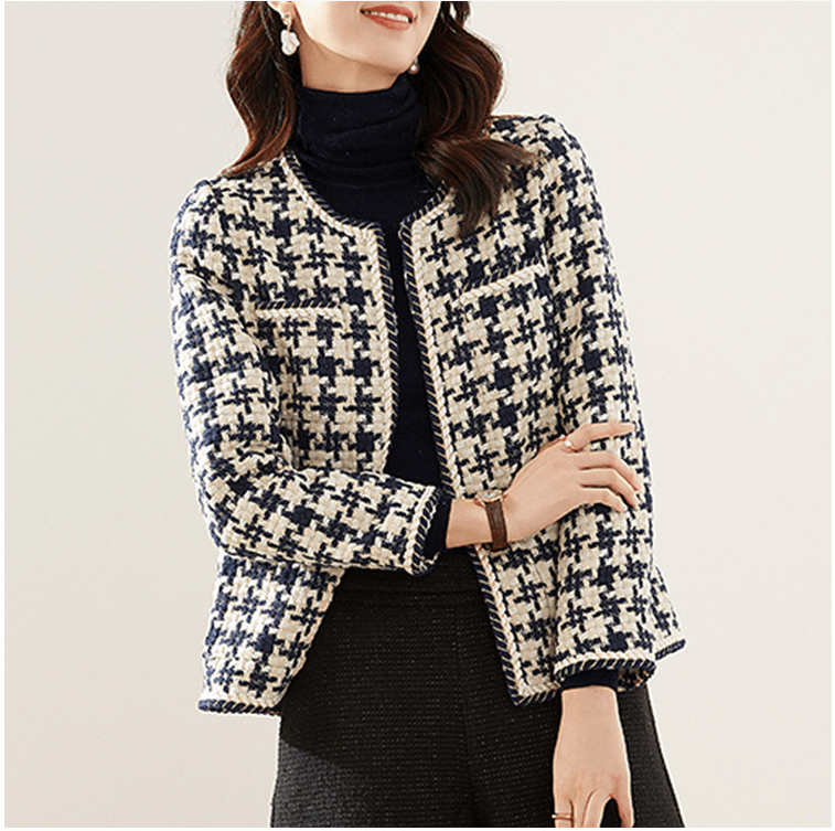 Houndstooth Small Fragrance Jacket Women Clothing - Almoni Express