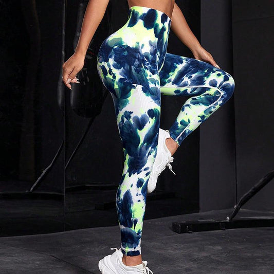 Ink Tie-dye Printed Yoga Pants Seamless High Waist Tight Hip Lifting Leggings Sports Running Fitness Trousers For Women - AL MONI EXPRESS