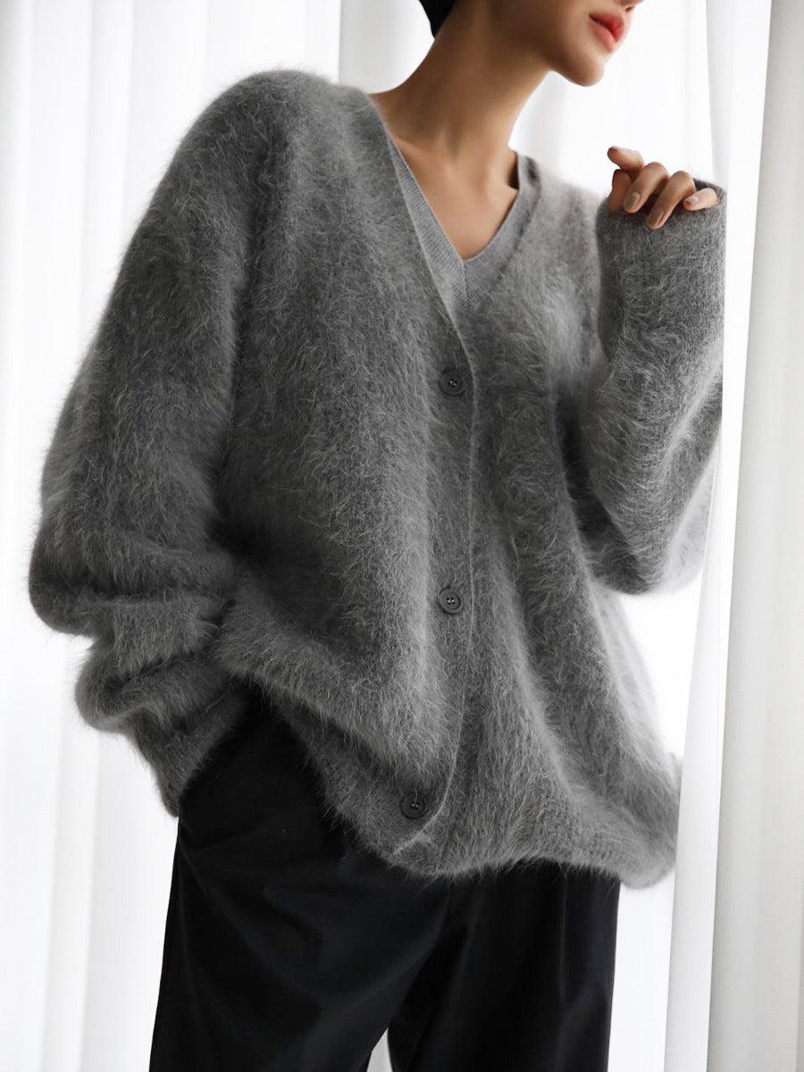 Knitted Sweater Cardigan Loose Long Sleeve V-neck - AL MONI EXPRESS