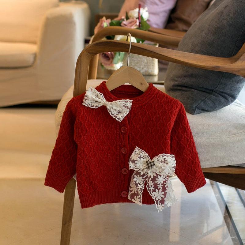 Lace Bow Girls Crew Neck Cardigan - Almoni Express