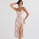 Lace Flowers Print Long Dress Sexy Fashion Slit Suspender Dress Summer Womens Clothing - AL MONI EXPRESS