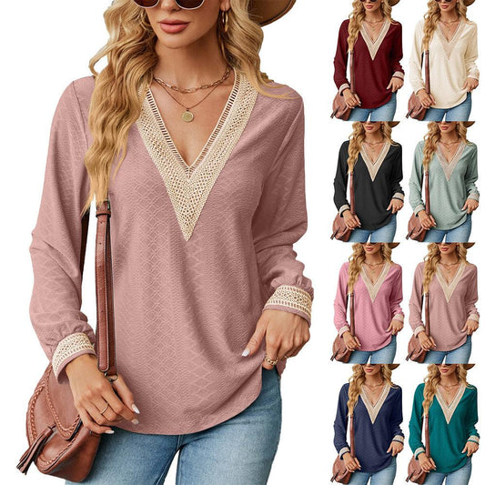 Lace Stitching V-neck T-shirt Loose Long-sleeved Solid Color Top For Women - AL MONI EXPRESS