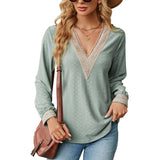 Lace Stitching V-neck T-shirt Loose Long-sleeved Solid Color Top For Women - AL MONI EXPRESS