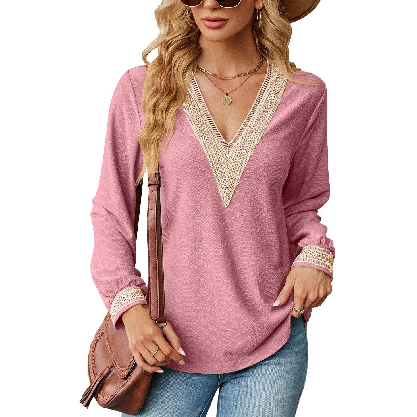 Lace Stitching V-neck T-shirt Loose Long-sleeved Solid Color Top For Women - AL MONI EXPRESS