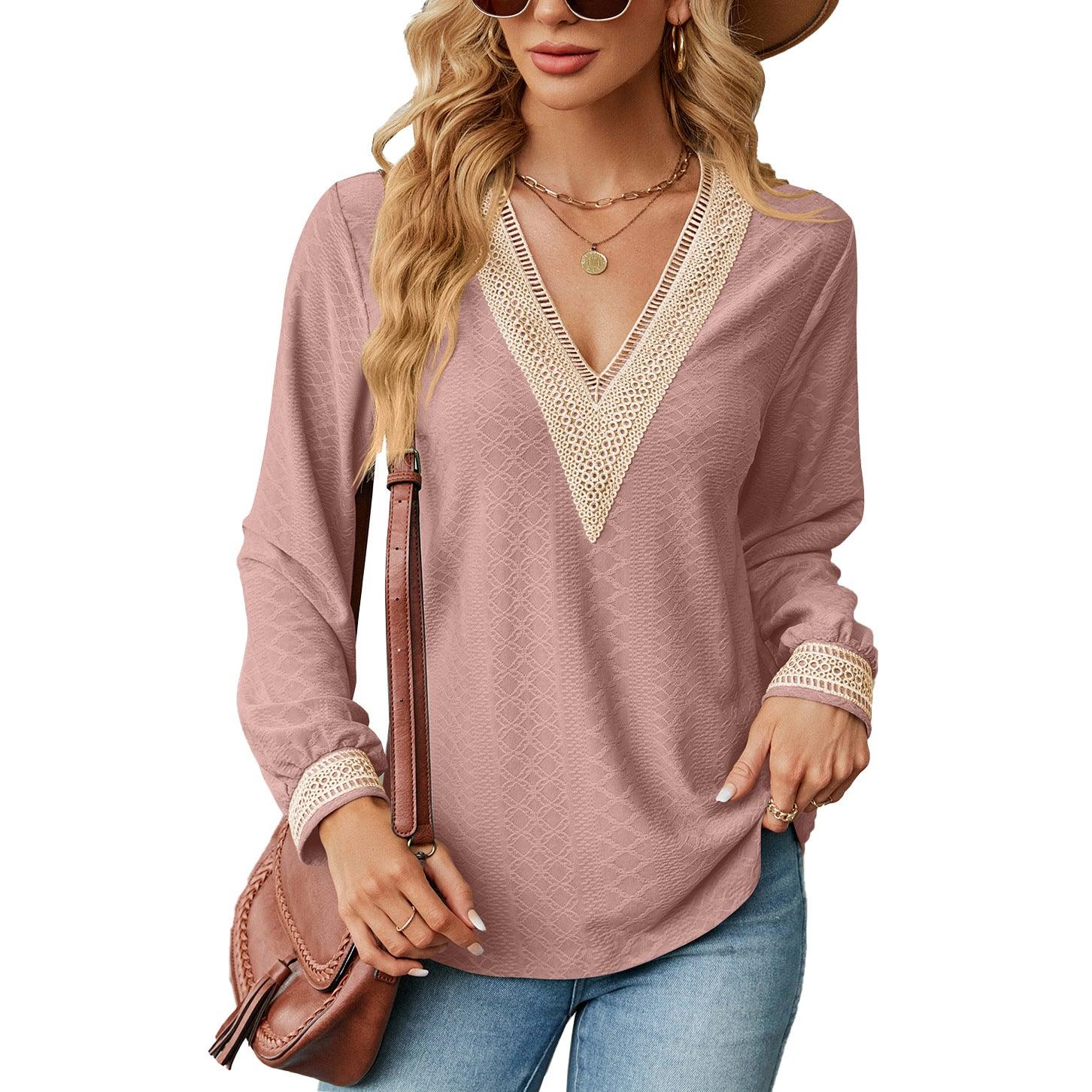 Lace Stitching V-neck T-shirt Loose Long-sleeved Solid Color Top For Women - AL MONI EXPRESS