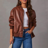 Leather Baseball Uniform Jacket Long-sleeved Motorcycle Jacket Leather Coat - AL MONI EXPRESS