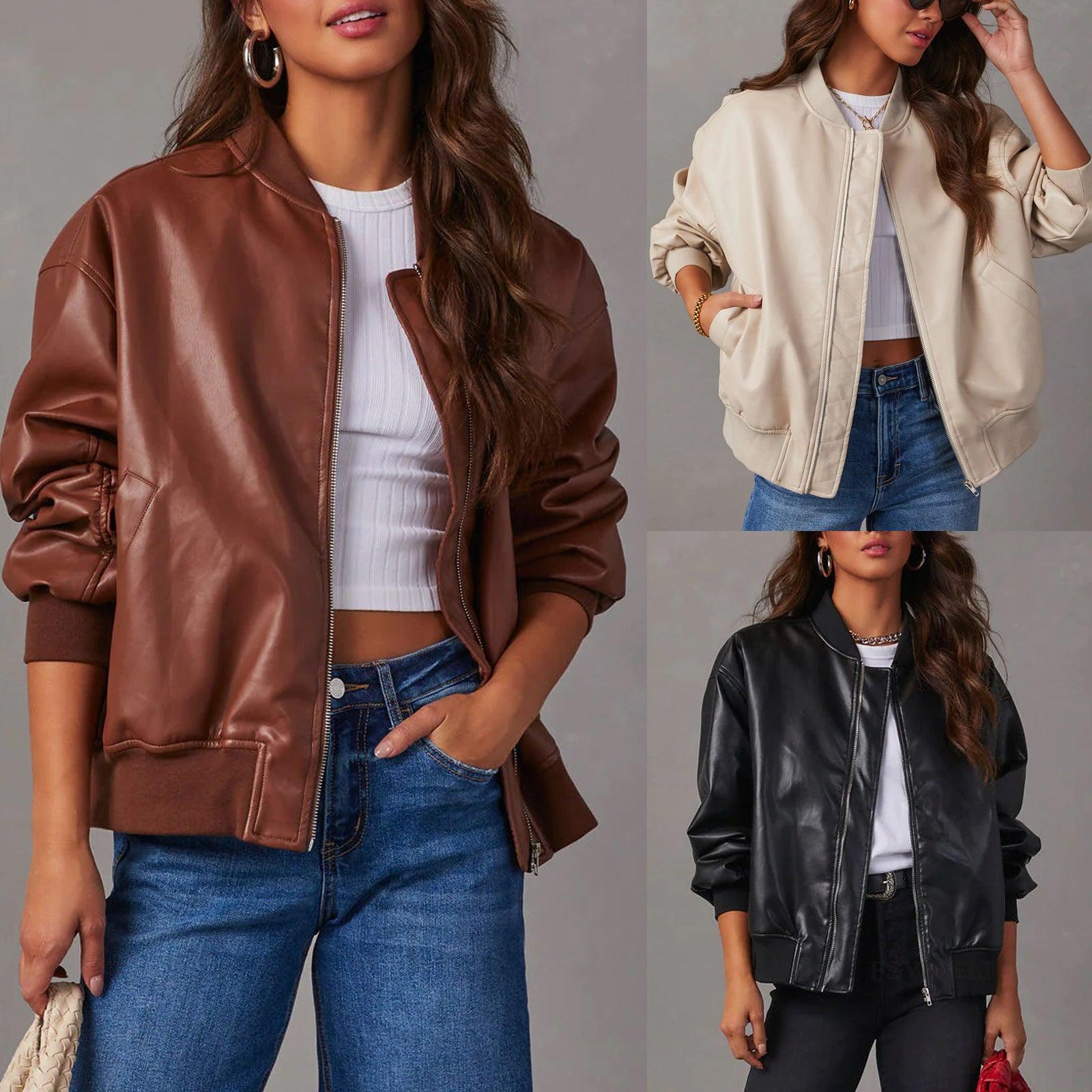 Leather Baseball Uniform Jacket Long-sleeved Motorcycle Jacket Leather Coat - AL MONI EXPRESS