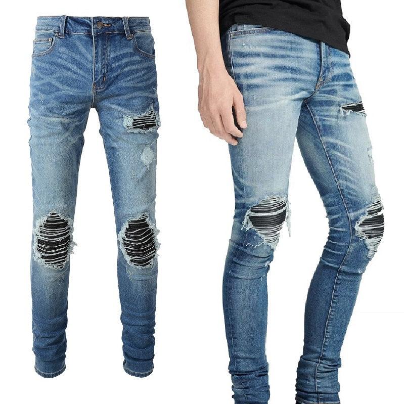 Leather Patching, Slimming, Worn-out Washed Jeans For Men - Almoni Express