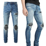 Leather Patching, Slimming, Worn-out Washed Jeans For Men - Almoni Express