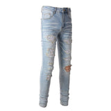 Light Colored Hot Diamond Patch With Holes In Elastic Tight Jeans For Men - AL MONI EXPRESS