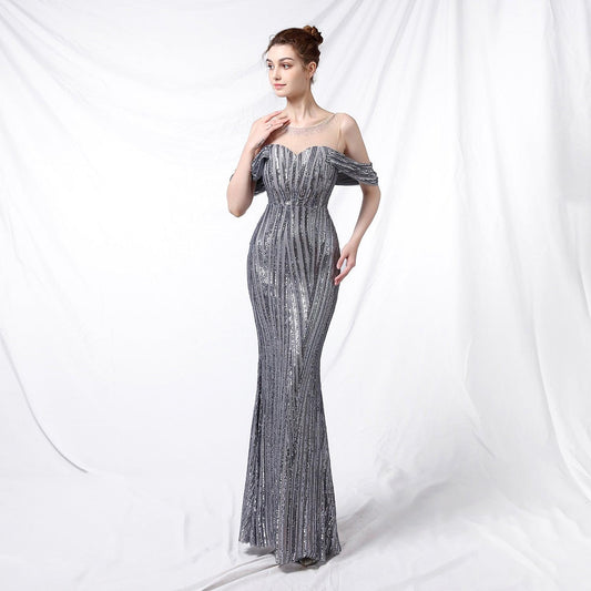 Long Sequined Long Dress With Front And Back - Almoni Express