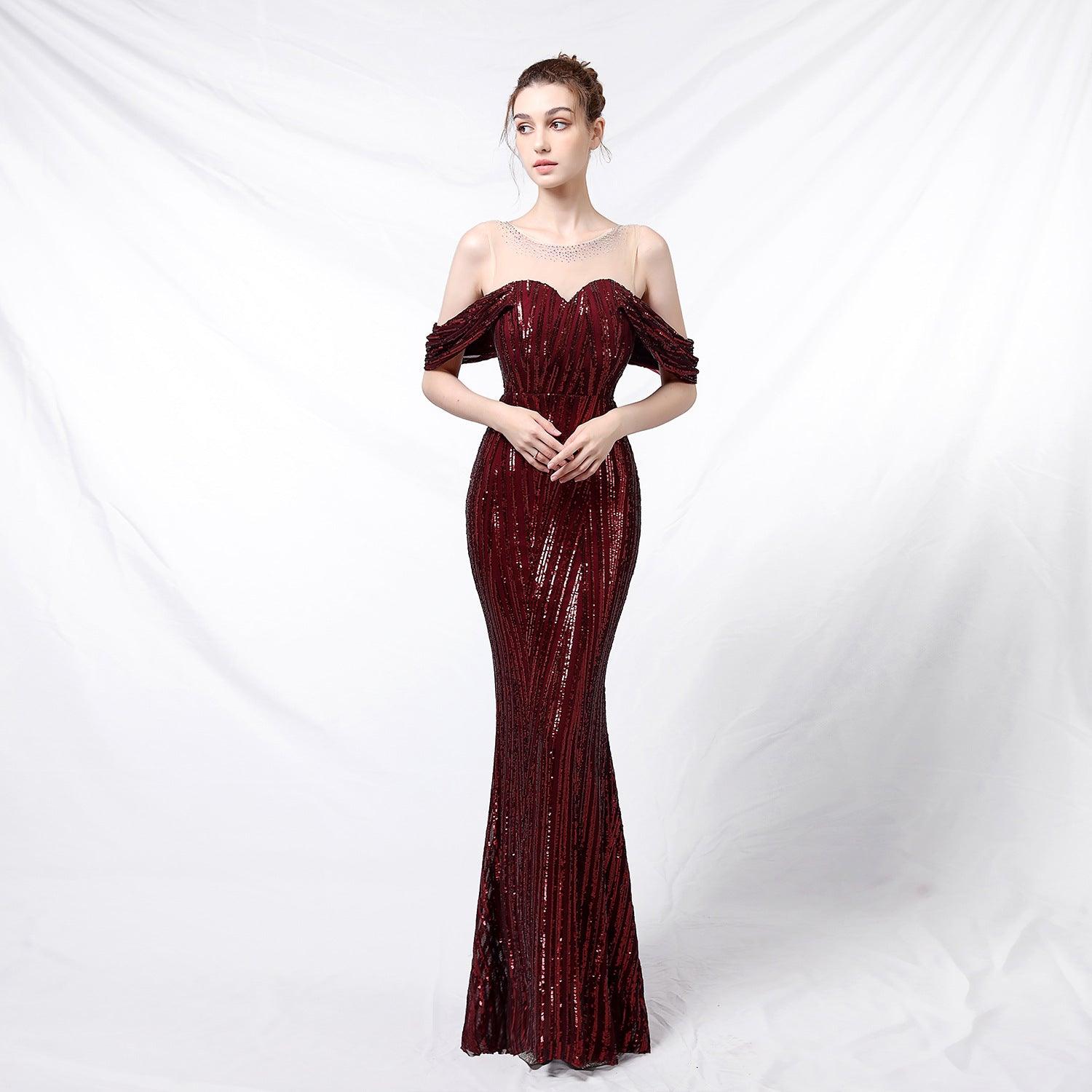 Long Sequined Long Dress With Front And Back - Almoni Express