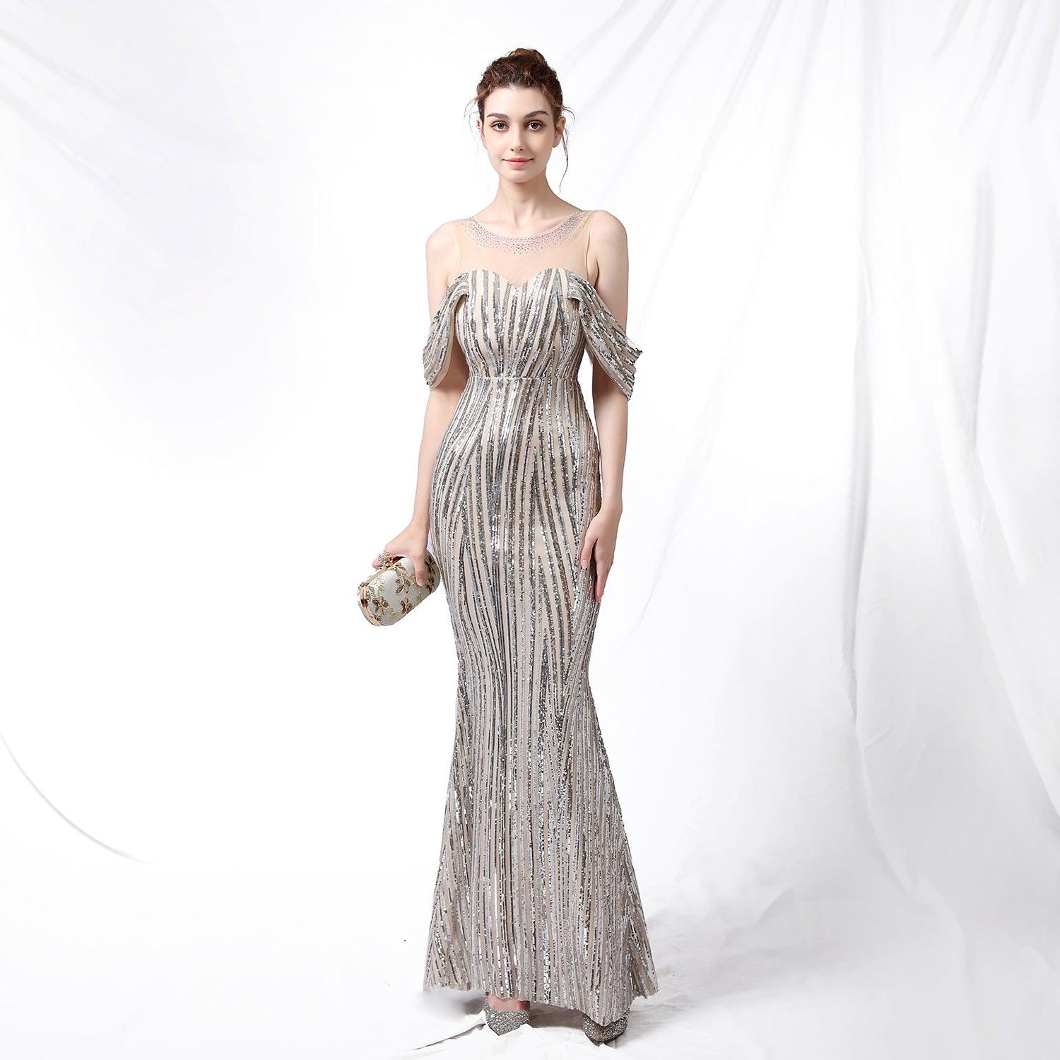 Long Sequined Long Dress With Front And Back - Almoni Express