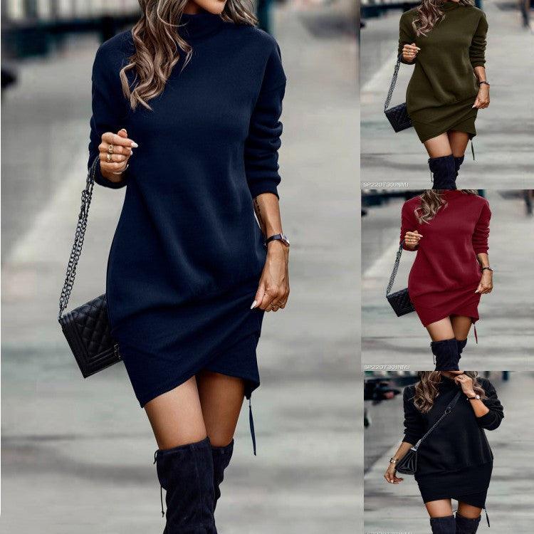 Long Sleeve Dress Solid Color High Neck Cross Short Dress Womens Clothing - AL MONI EXPRESS