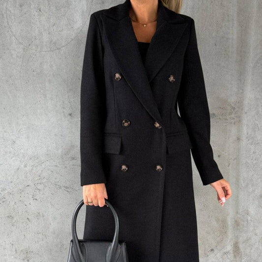 Long Sleeve Lapel Solid Double Breasted Slim Coat Coat - Almoni Express