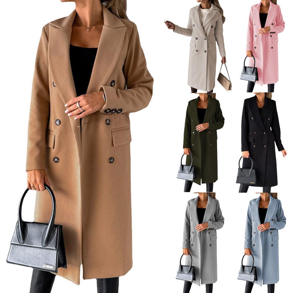 Long Sleeve Lapel Solid Double Breasted Slim Coat Coat - Almoni Express