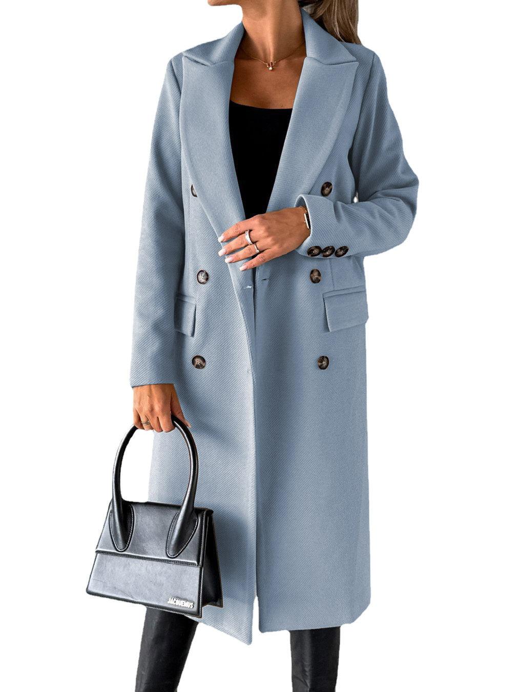 Long Sleeve Lapel Solid Double Breasted Slim Coat Coat - Almoni Express