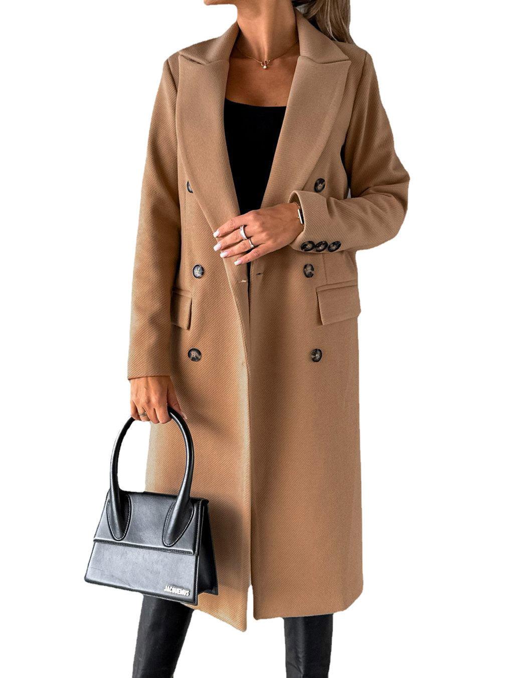 Long Sleeve Lapel Solid Double Breasted Slim Coat Coat - Almoni Express