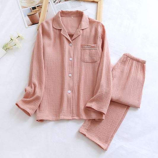 Long Sleeve Pajamas Cotton Double Layer Gauze Clothes Front Button Suit Solid Color - AL MONI EXPRESS