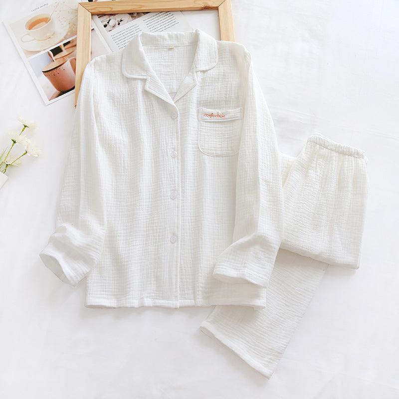 Long Sleeve Pajamas Cotton Double Layer Gauze Clothes Front Button Suit Solid Color - AL MONI EXPRESS