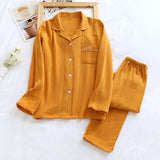 Long Sleeve Pajamas Cotton Double Layer Gauze Clothes Front Button Suit Solid Color - AL MONI EXPRESS