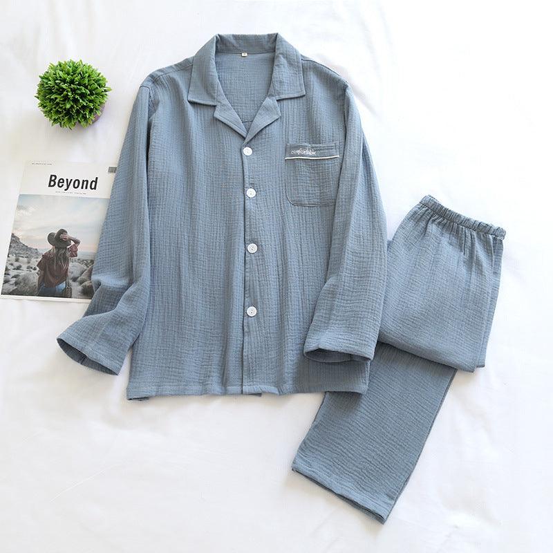 Long Sleeve Pajamas Cotton Double Layer Gauze Clothes Front Button Suit Solid Color - AL MONI EXPRESS