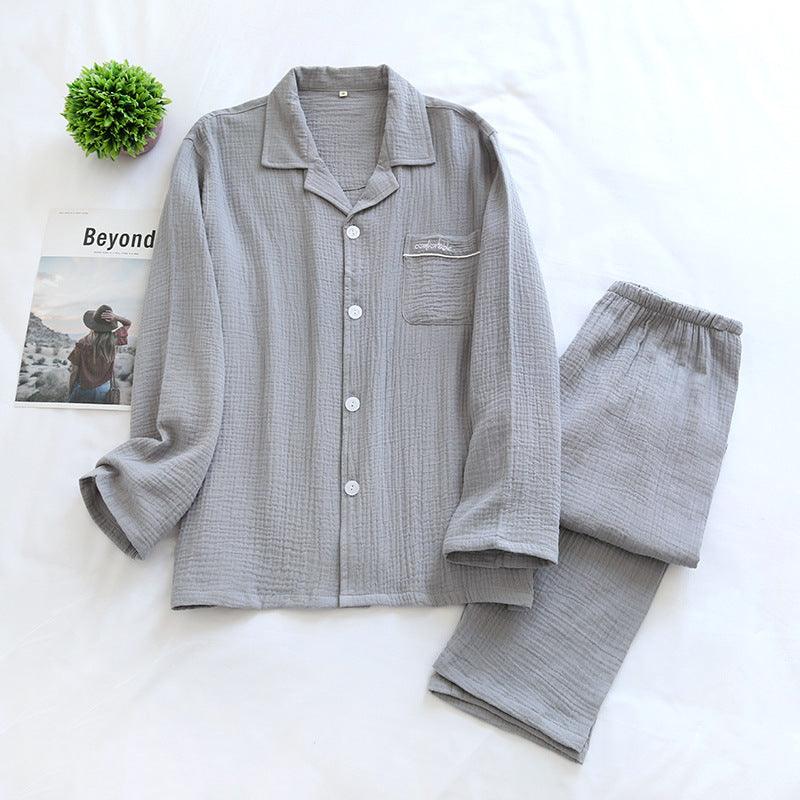 Long Sleeve Pajamas Cotton Double Layer Gauze Clothes Front Button Suit Solid Color - AL MONI EXPRESS