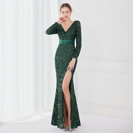 Long Sleeve Sequined Gas Field Queen Fishtail Evening Dress - Almoni Express