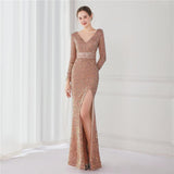 Long Sleeve Sequined Gas Field Queen Fishtail Evening Dress - Almoni Express