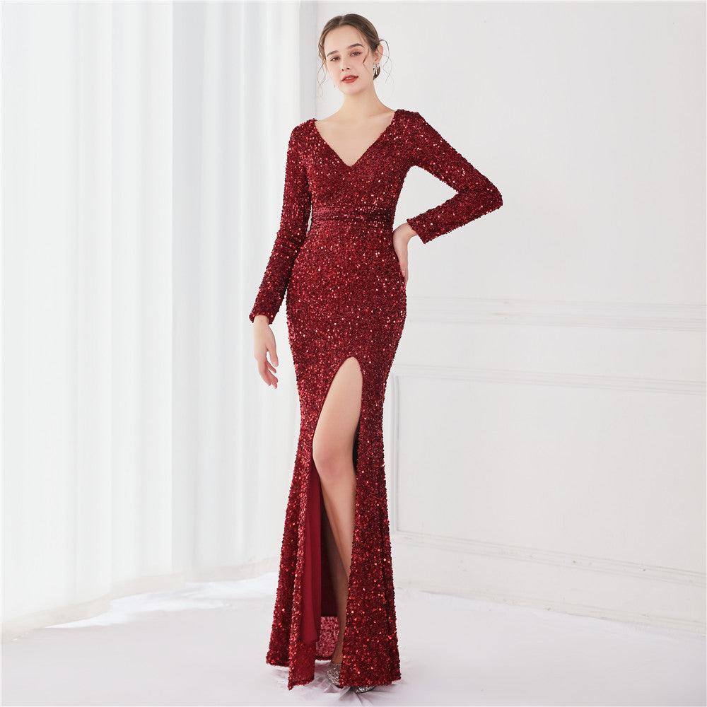 Long Sleeve Sequined Gas Field Queen Fishtail Evening Dress - Almoni Express