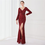 Long Sleeve Sequined Gas Field Queen Fishtail Evening Dress - Almoni Express