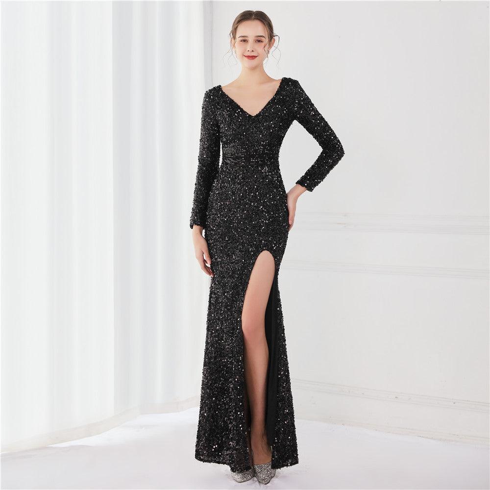 Long Sleeve Sequined Gas Field Queen Fishtail Evening Dress - Almoni Express